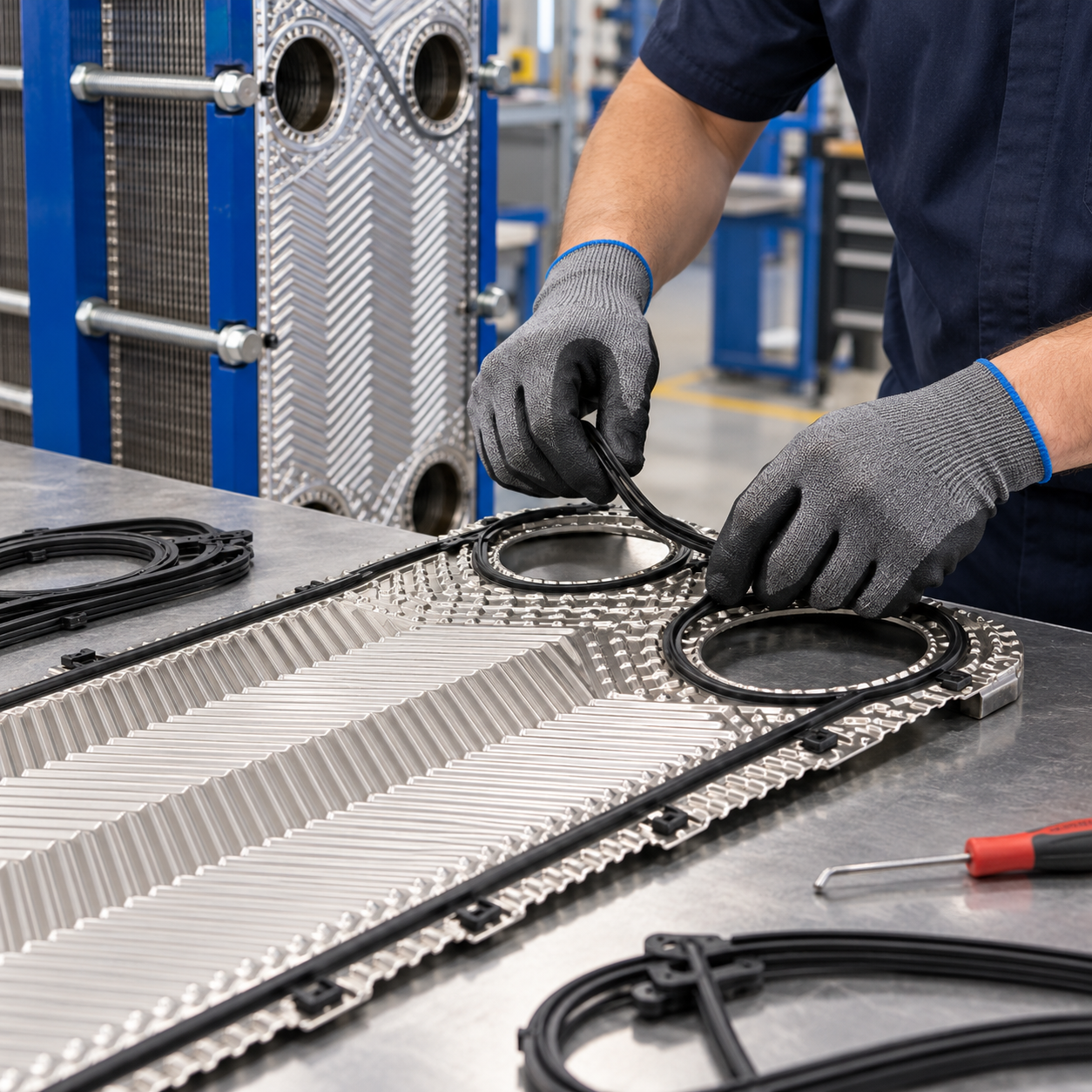 New gasket being seated into the groove of a heat exchanger plate